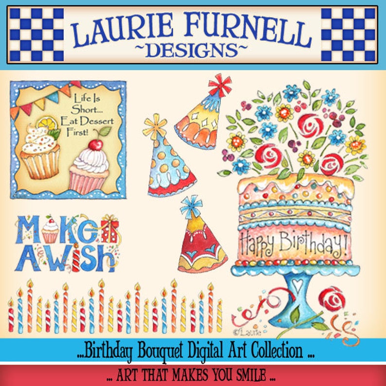 May include: A digital art collection of birthday themed illustrations. The collection includes a cake with the text "Happy Birthday!" on it, cupcakes, party hats, candles, and a bouquet of flowers. The text "Make a Wish" is also included in the collection.