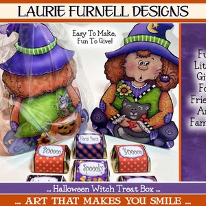 May include: A Halloween witch treat box craft project featuring a witch holding a black cat. The witch is wearing a purple hat and green and yellow dress. The box is decorated with a pumpkin, a mouse, and a spider. The text "Hocus Pocus", "Booooo", and "Spoooky" is printed on the boxes. The text "Easy To Make, Fun To Give!" and "Fun Little Gift For Friends And Family!" is also included in the image.