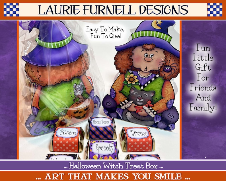 May include: A Halloween witch treat box craft project featuring a witch holding a black cat. The witch is wearing a purple hat and green and yellow dress. The box is decorated with a pumpkin, a mouse, and a spider. The text "Hocus Pocus", "Booooo", and "Spoooky" is printed on the boxes. The text "Easy To Make, Fun To Give!" and "Fun Little Gift For Friends And Family!" is also included in the image.