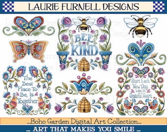 Bohemian Floral Clip Art, Boho Flowers PNG, Boho Floral Frames, Floral Clip Art, Spring Floral PNG, Laurie Furnell, Floral Clip Art For Card