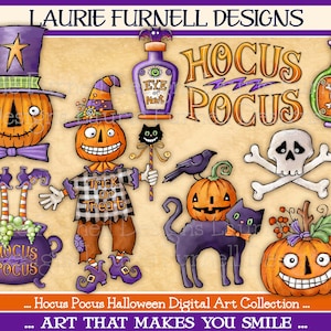 May include: A digital art collection of Halloween themed illustrations featuring pumpkins, a witch, a cauldron, a crow, a cat, a skull and crossbones, and bottles of potion. The text "Hocus Pocus" is featured in a large, decorative font.