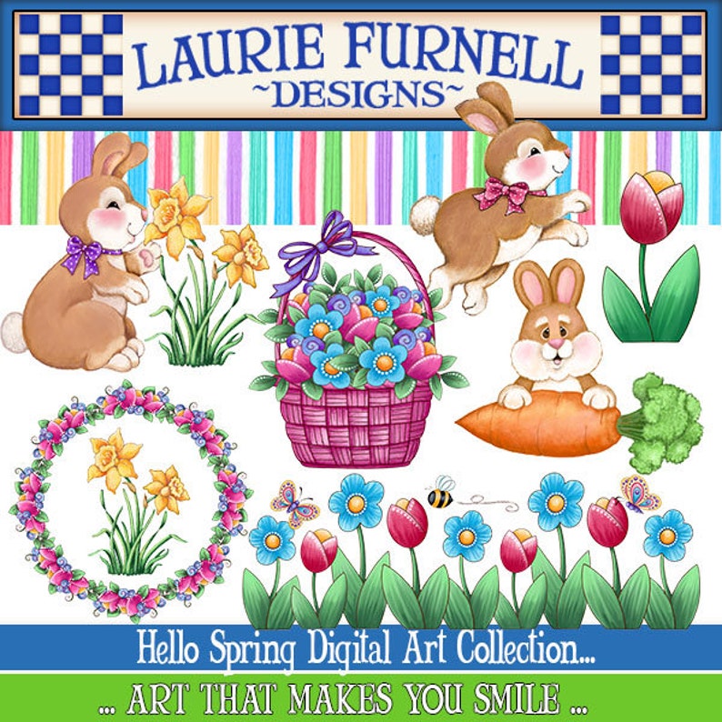 May include: A digital art collection featuring spring-themed illustrations. The collection includes images of bunnies, flowers, a basket of flowers, a carrot, a bee, butterflies, and a wreath of daffodils. The text "Hello Spring Digital Art Collection... ART THAT MAKES YOU SMILE..." is included in the image.