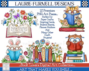 Library Bulletin Board Art, Book ClipArt, Stack of Books PNG, Kids Reading Clip Art, Cat Reading PNG, Books Clip Art, Books with Flower