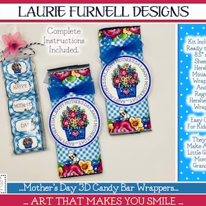 May include: Printable Mother's Day Hershey bar wrappers. The design features a blue and white gingham pattern with a floral arrangement in a blue pot. The text reads "Happy Mother's Day".