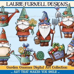 May include: A digital art collection featuring eight garden gnomes with a variety of gardening tools and accessories. The gnomes are wearing red, blue and green hats and have white beards. The accessories include a watering can, a shovel, a wheelbarrow, a snail and a basket of flowers. The text "Garden Gnomes Digital Art Collection" and "...ART THAT MAKES YOU SMILE..." is at the bottom of the image.