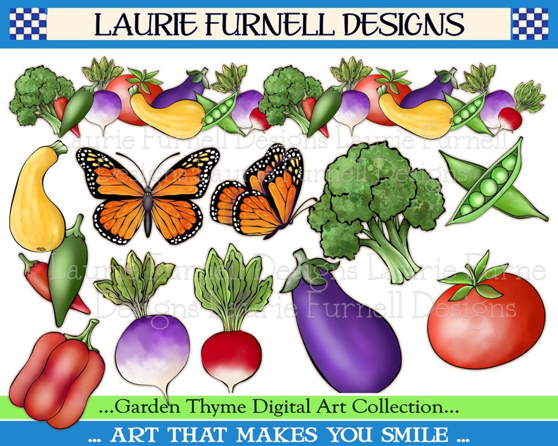 Pu&ograve; includere: Una collezione di arte digitale di verdure, frutta e farfalle colorate. La collezione include un pomodoro rosso, una melanzana viola, un broccolo verde, una zucca gialla, un peperone rosso, un ravanello viola, un ravanello rosso e un baccello di piselli verde. Le farfalle sono arancioni e nere con macchie bianche.