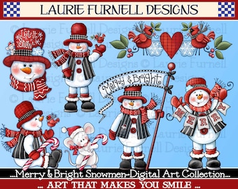 Holiday Snowmen Clip Art, Christmas Clip Art, Christmas PNG, Snowman PNG, Christmas Paper Craft, Laurie Furnell, Red Black White Christmas