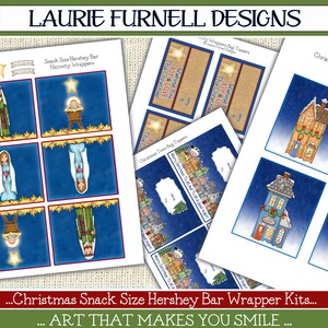 May include: A set of printable Christmas-themed Hershey bar wrappers featuring a nativity scene and a Christmas town. The wrappers are designed to be used for snack-sized Hershey bars. The text on the wrappers reads "This Christmas" and "Joy & Love".