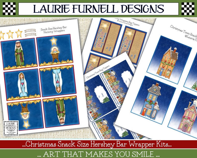 May include: A set of printable Christmas-themed Hershey bar wrappers featuring a nativity scene and a Christmas town. The wrappers are designed to be used for snack-sized Hershey bars. The text on the wrappers reads "This Christmas" and "Joy & Love".