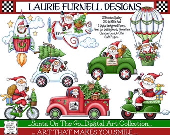 Christmas Clip Art, Santa PNG, Art for Wreaths PNG, Card Making Supply, Santa in Pick Up Truck, Santa Clip Art, Santa Art for Bulletin Board