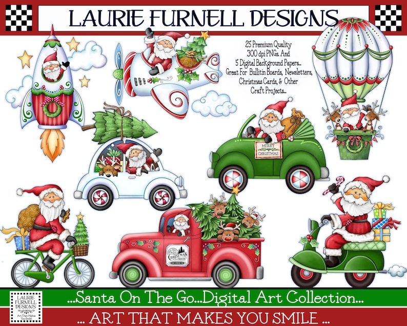 May include: A digital art collection of Santa Claus illustrations featuring Santa in various modes of transportation, including a rocket, a hot air balloon, a car, a truck, a bicycle, and a scooter. The illustrations are in a cartoon style and feature bright colors and festive details.