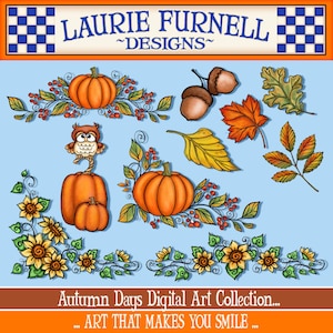 May include: A digital art collection featuring autumn-themed illustrations. The collection includes pumpkins, sunflowers, leaves, acorns, and an owl. The text "Autumn Days Digital Art Collection... ART THAT MAKES YOU SMILE..." is at the bottom of the image.
