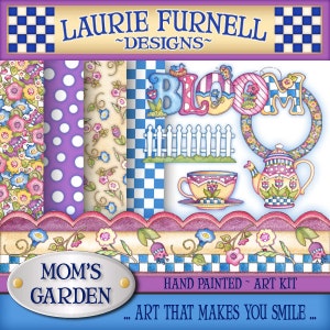 May include: A vibrant art kit design by Laurie Furnell. The design features floral and polka dot patterns, and a checkered pattern. The word "BLOOM" is displayed with a picket fence, teacup, and teapot. The words "MOM'S GARDEN" and "ART THAT MAKES YOU SMILE" are also visible.