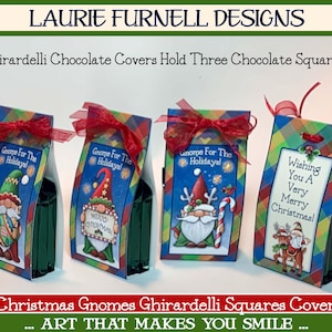 May include: Four festive gift boxes decorated with Christmas gnomes and holiday greetings. The boxes are designed to hold Ghirardelli chocolate squares. The text on the boxes reads "Gnome for the Holidays!" and "Wishing You a Very Merry Christmas!"