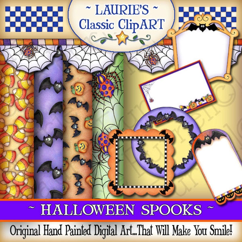 K&ouml;nnte beinhalten: Ein Set digitaler Halloween-Cliparts mit handgemalten Bildern von Flederm&auml;usen, Spinnen, Mais, K&uuml;rbissen und Rahmen. Der Text "~ LAURIE'S ~ Classic ClipART" und "~ HALLOWEEN SPOOKS ~ Original Hand Painted Digital Art...That Will Make You Smile!" ist im Bild enthalten.