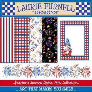 Pu&ograve; includere: Collezione di arte digitale con motivi patriottici rosso, bianco e blu. La collezione comprende un gnomo, una cornice e vari motivi con stelle, strisce e fuochi d'artificio. Il testo "...Patriotic Gnomes Digital Art Collection... ...ART THAT MAKES YOU SMILE..." &egrave; incluso.