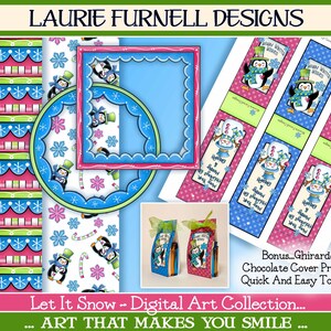 May include: Digital art collection featuring a penguin and snowman themed design. The collection includes printable gift tags, frames, and a Ghirardelli chocolate cover printable. The text "Let It Snow - Digital Art Collection... ART THAT MAKES YOU SMILE..." is included in the image.