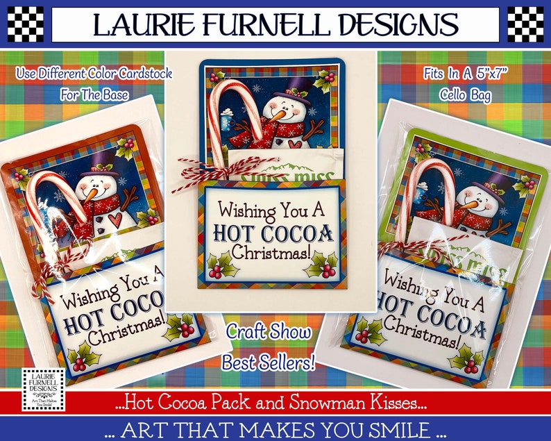 May include: Three Christmas card designs featuring a snowman holding a candy cane. Each card has a red, green, and white plaid background and says "Wishing You A Hot Cocoa Christmas!" The cards are packaged in cellophane bags and are ready to be given as gifts.