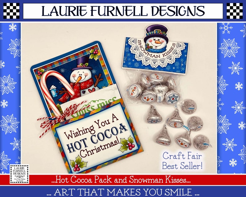 May include: A Christmas-themed gift set featuring a red and white candy cane, a small cup of hot cocoa, and a snowman with a red scarf. The set is packaged in a colorful card with the text "Wishing You A HOT COCOA Christmas!" and a separate card with a snowman and the text "Snowman Kisses".