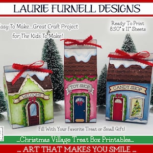 Christmas Treat Box Houses, Gingerbread House Treat Box, Holiday Favor Printable, Laurie Furnell, Christmas Village Paper Craft, Party Favor