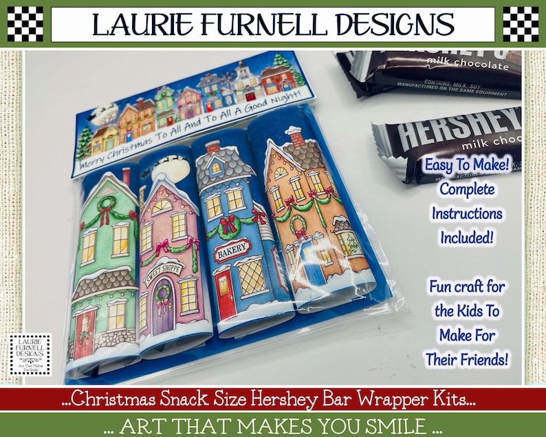 May include: A set of three printable Christmas Hershey bar wrappers featuring a winter village scene with houses, snow, and a moon. The wrappers are labeled "Sweet Shoppe", "Bakery", and "Merry Christmas To All And To All A Good Night!"