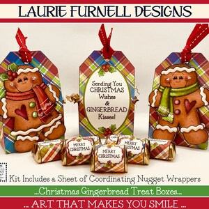 May include: A set of Christmas gingerbread treat boxes with a plaid design and a gingerbread person on each box. The boxes are decorated with red and green ribbons and the text "Sending You Christmas Wishes & Gingerbread Kisses!" is printed on one of the boxes. The kit includes a sheet of coordinating nugget wrappers.