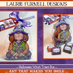 May include: A Halloween witch treat box with a witch holding a black cat. The box is decorated with a purple hat, a green dress, and a sunflower. The box is filled with small candy bars wrapped in Halloween-themed paper. The text on the candy bars reads "Boo-ooo", "Hocus Pocus", and "Trick or Treat".