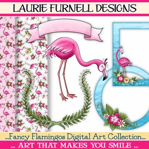 May include: A digital art collection featuring pink flamingos, tropical flowers, and blue water. The collection includes a banner, two frames, and a seamless pattern.