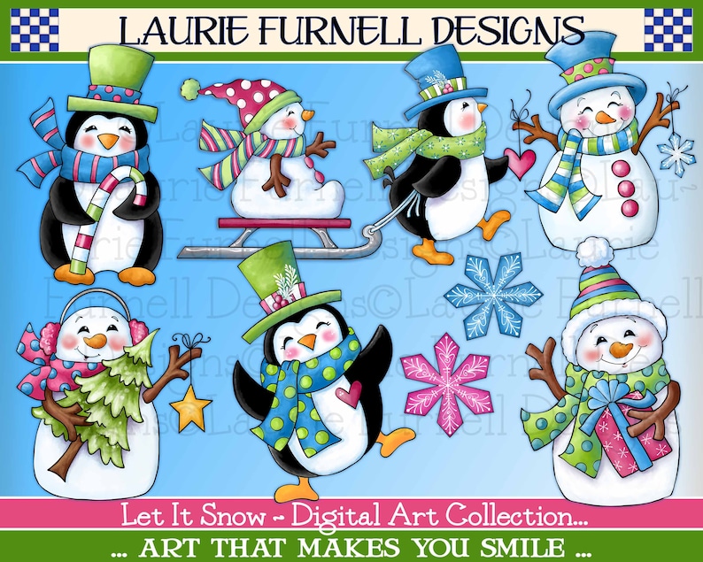 May include: A digital art collection featuring cute cartoon penguins and snowmen. The penguins are wearing hats and scarves, and the snowmen are holding gifts and trees. The background is a light blue sky with snowflakes.