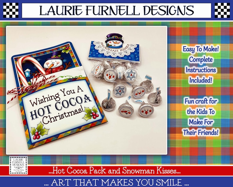 May include: A festive Christmas craft kit featuring a printable design for a hot cocoa pack and snowman kisses. The design includes a snowman holding a candy cane and the text "Wishing You A HOT COCOA Christmas!" The kit also includes instructions for making the craft.