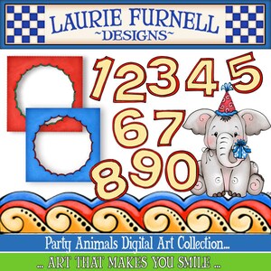 May include: A digital art collection featuring colorful numbers, a cute elephant wearing a party hat, and a red and blue border with a wave pattern. The text "Party Animals Digital Art Collection... ART THAT MAKES YOU SMILE..." is at the bottom of the image.