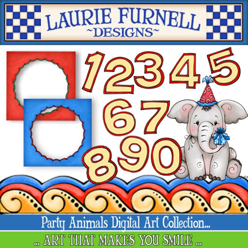 May include: A digital art collection featuring colorful numbers, a cute elephant wearing a party hat, and a red and blue border with a wave pattern. The text "Party Animals Digital Art Collection... ART THAT MAKES YOU SMILE..." is at the bottom of the image.