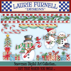 May include: A digital art collection featuring illustrations of snowmen, candy canes, presents, and a Christmas tree. The text "Snowmen Digital Art Collection... ART THAT MAKES YOU SMILE" is at the bottom of the image.
