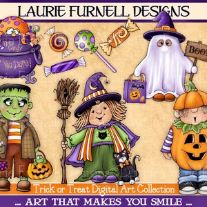 Cute Halloween Clip Art, Cute Halloween Witch PNG, Trick or Treat Clip Art, Laurie Furnell, Frankenstein Digital Art. Bulletin Board Decor
