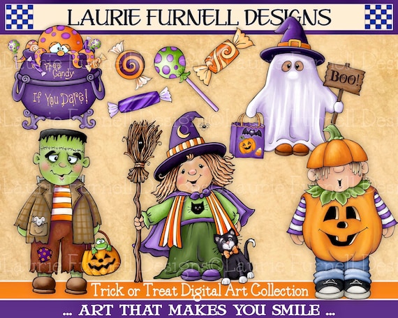 Cute Halloween Clip Art, Cute Halloween Witch PNG, Trick or Treat Clip Art, Laurie Furnell, Frankenstein Digital Art. Bulletin Board Decor