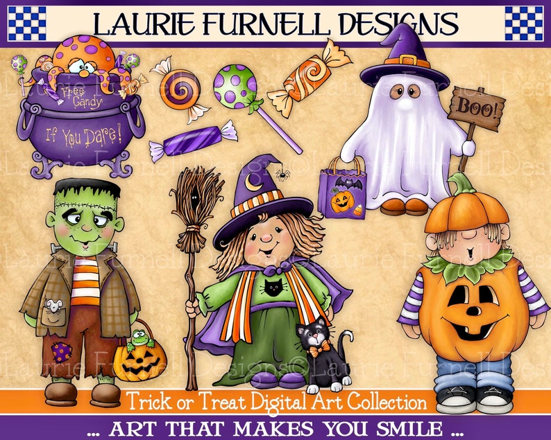 Pu&ograve; includere: Una collezione di arte digitale di personaggi di Halloween, tra cui una strega con una scopa, un fantasma che tiene un cartello con su scritto "Boo!" e un mostro di Frankenstein che tiene una zucca. I personaggi sono illustrati in uno stile cartone animato con colori vivaci e dettagli fantasiosi. Il testo "Trick or Treat Digital Art Collection" e "ART THAT MAKES YOU SMILE" &egrave; incluso nell'immagine.