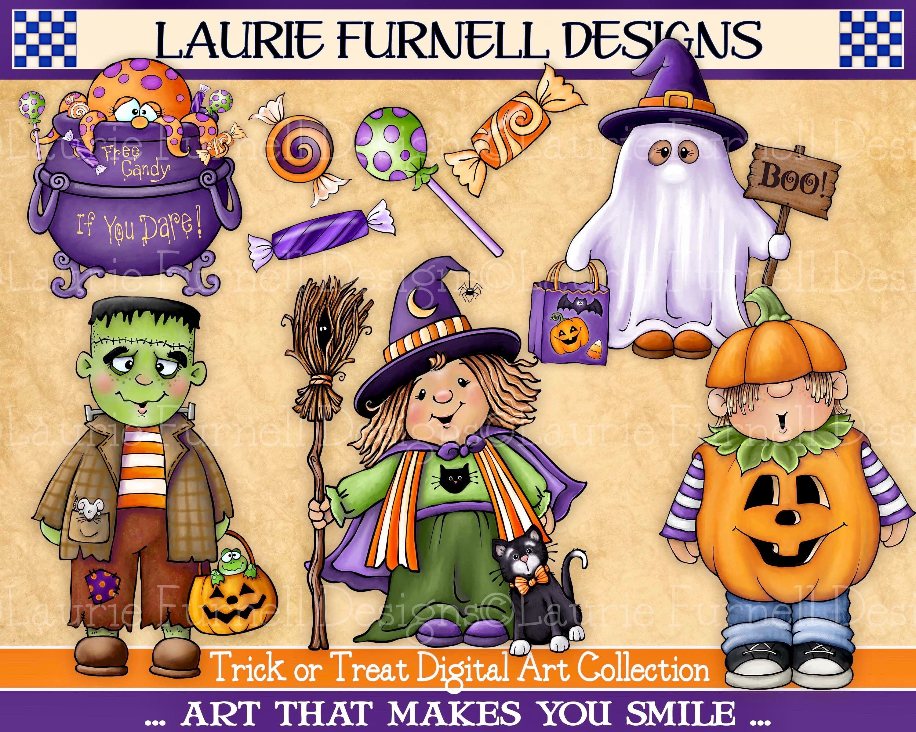Cute Halloween Clip Art, Cute Halloween Witch PNG, Trick or Treat Clip Art, Laurie Furnell, Frankenstein Digital Art. Bulletin Board Decor