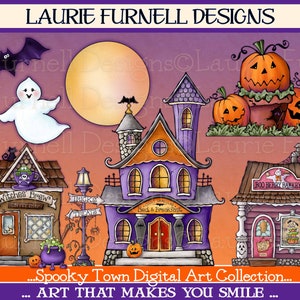 Ville d'Halloween Clip Art, clipart Halloween, PNG de la ville d'Halloween, Laurie Furnell, téléchargement Halloween, art de la fabrication de cartes, décoration de babillard