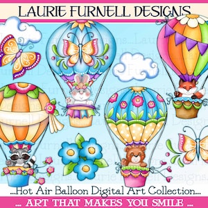 Op de afbeelding: Een digitale kunstcollectie van luchtballonnen met verschillende dierenfiguren, vlinders en bloemen. De ballonnen zijn kleurrijk en hebben een fantasierijk ontwerp. De tekst "...Hot Air Balloon Digital Art Collection..." en "...ART THAT MAKES YOU SMILE..." is opgenomen in de afbeelding.