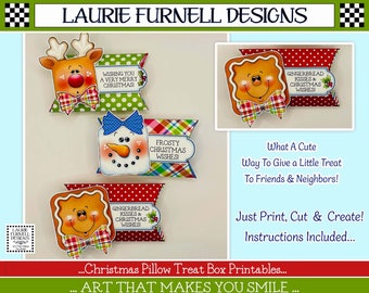 Christmas Treat Box Printables, Snowman Treat Box, Gingerbread Treat Box, Reindeer Treat Box, Holiday Party Favors, Christmas Pillow Boxes