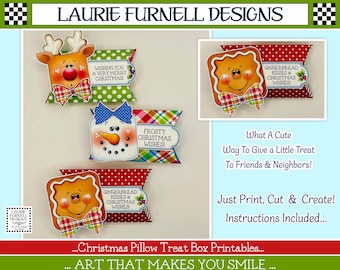 Christmas Treat Box Printables, Snowman Treat Box, Gingerbread Treat Box, Reindeer Treat Box, Holiday Party Favors, Christmas Pillow Boxes