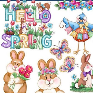 May include: Colorful illustration featuring the words "Hello Spring" with a blue bird holding a banner that says "Spring". There are also butterflies, flowers, and bunnies.