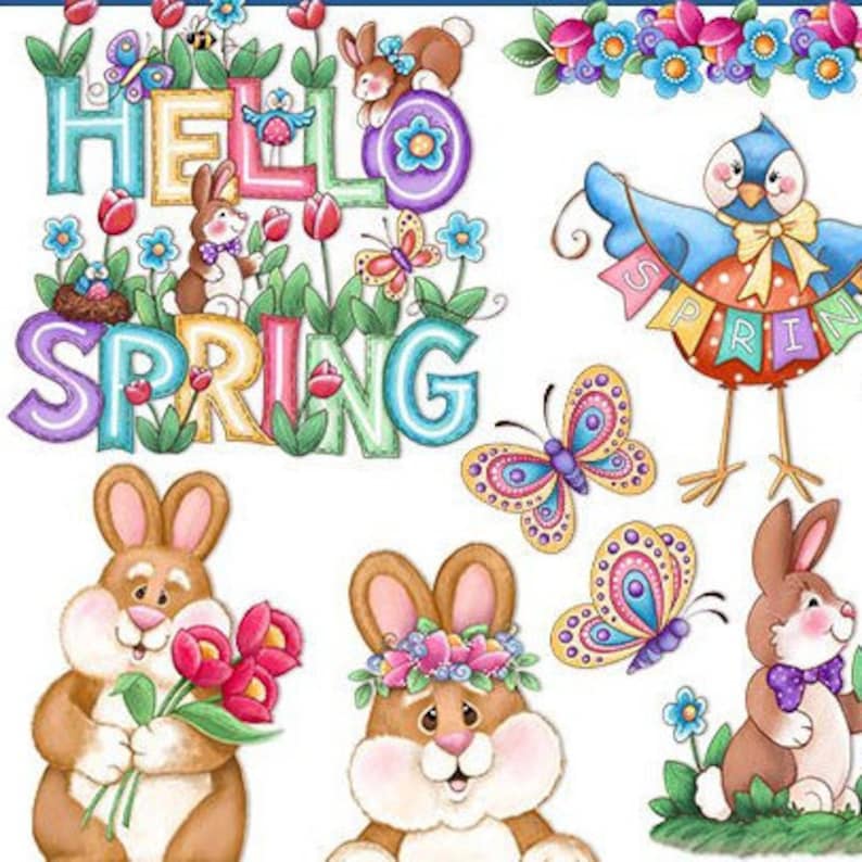 May include: Colorful illustration featuring the words "Hello Spring" with a blue bird holding a banner that says "Spring". There are also butterflies, flowers, and bunnies.