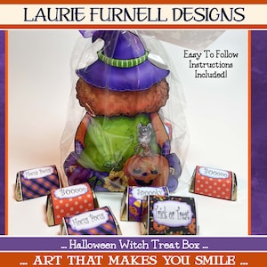 May include: A Halloween witch treat box craft project with easy to follow instructions. The box is decorated with a witch, a pumpkin, and a mouse. The box is surrounded by small treat boxes with Halloween-themed designs and text, including "Hocus Pocus", "Boo", "Spooky", and "Trick or Treat".