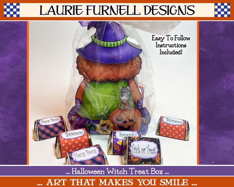 May include: A Halloween witch treat box craft project with easy to follow instructions. The box is decorated with a witch, a pumpkin, and a mouse. The box is surrounded by small treat boxes with Halloween-themed designs and text, including "Hocus Pocus", "Boo", "Spooky", and "Trick or Treat".