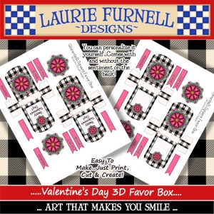 May include: Printable Valentine's Day favor box template with a black and white checkered pattern and a pink floral design. The template includes the text "Happy Valentine's Day" and "Be Mine".