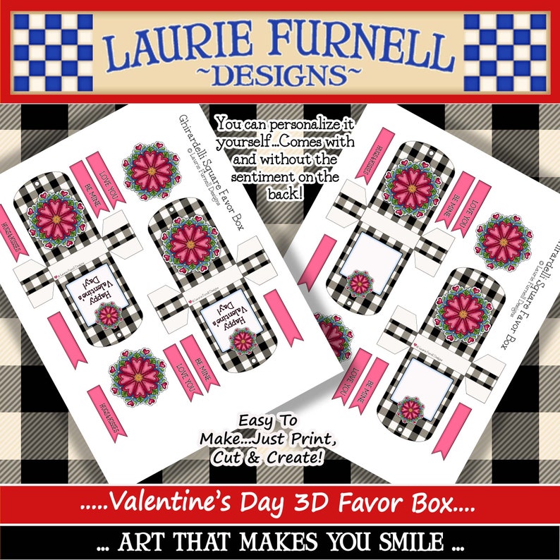 May include: Printable Valentine's Day favor box template with a black and white checkered pattern and a pink floral design. The template includes the text "Happy Valentine's Day" and "Be Mine".