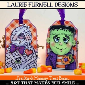 Imprimable, boîte à bonbons Frankenstein, boîte à bonbons momie, Laurie Furnell, cadeau d'Halloween, créations en papier Halloween