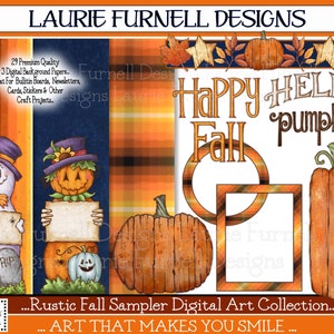 Pu&ograve; includere: Una collezione di arte digitale con illustrazioni a tema autunnale. La collezione include un fantasma, una zucca con un cappello, una zucca con un ragno, una zucca con una texture in legno, una cornice con un motivo a quadri e testo che dice "Happy Fall" e "Hello Pumpkin".
