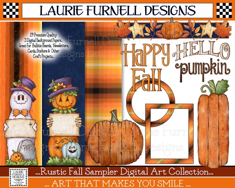 Pu&ograve; includere: Una collezione di arte digitale con illustrazioni a tema autunnale. La collezione include un fantasma, una zucca con un cappello, una zucca con un ragno, una zucca con una texture in legno, una cornice con un motivo a quadri e testo che dice "Happy Fall" e "Hello Pumpkin".
